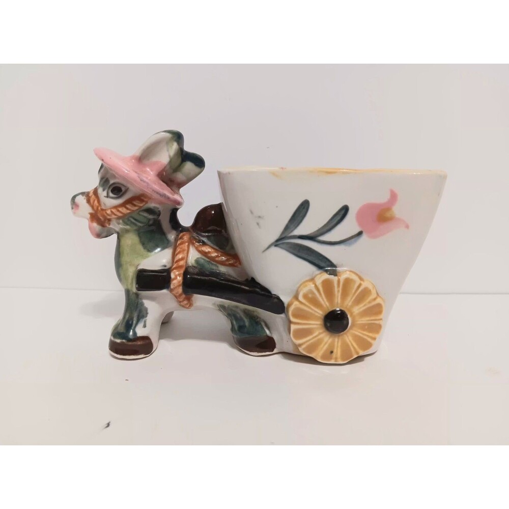 Donkey Pulling A Cart Planter Figurine Vintage Ceramic White / Multicolored